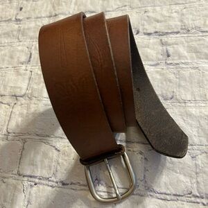 VINTAGE GENUINE LEATHER BROWN WITH FLORAL EMBROIDERED SILVER TONE BUCKLE XL